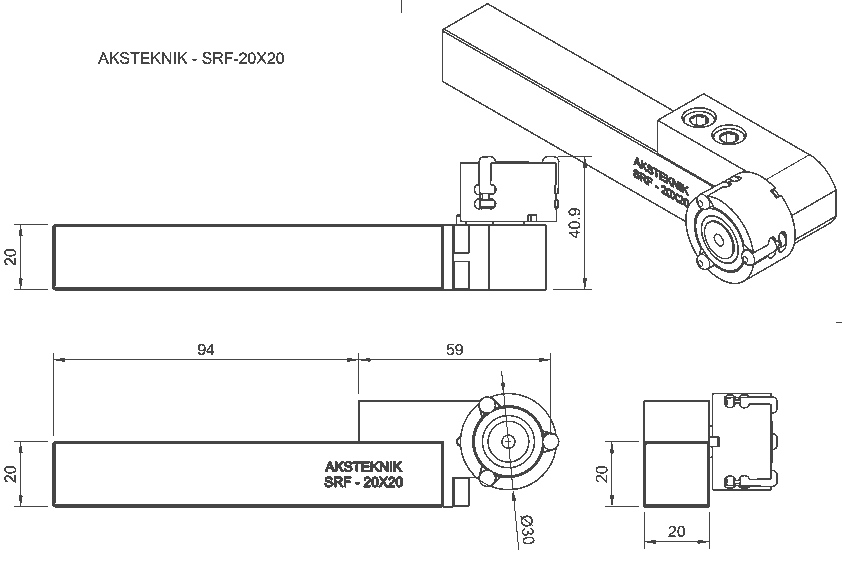 Technical drawing of the Single Roller Burnishing Tool with specifications for 20x20 square shafts